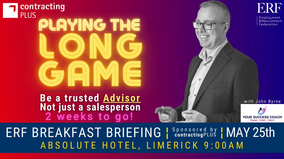ERF Ireland (@erfireland) on Twitter photo 2 wks to go + places are filling up fast!
We'll be 'Playing the Long Game' with special guest <a href="/ursuccesscoach/">YourSuccessCoach</a> + <a href="/ContractingPLUS/">Contracting PLUS</a> . He'll cover 'Focus & Mindset', '#PersonalBranding', '#Networking' + 'Planning'. Booking essential at lnkd.in/d58jZgfE
#recruiters #erf2023 2 wks to go + places are filling up fast!
We'll be 'Playing the Long Game' with special guest <a href="/ursuccesscoach/">YourSuccessCoach</a> + <a href="/ContractingPLUS/">Contracting PLUS</a> . He'll cover 'Focus & Mindset', '#PersonalBranding', '#Networking' + 'Planning'. Booking essential at lnkd.in/d58jZgfE
#recruiters #erf2023