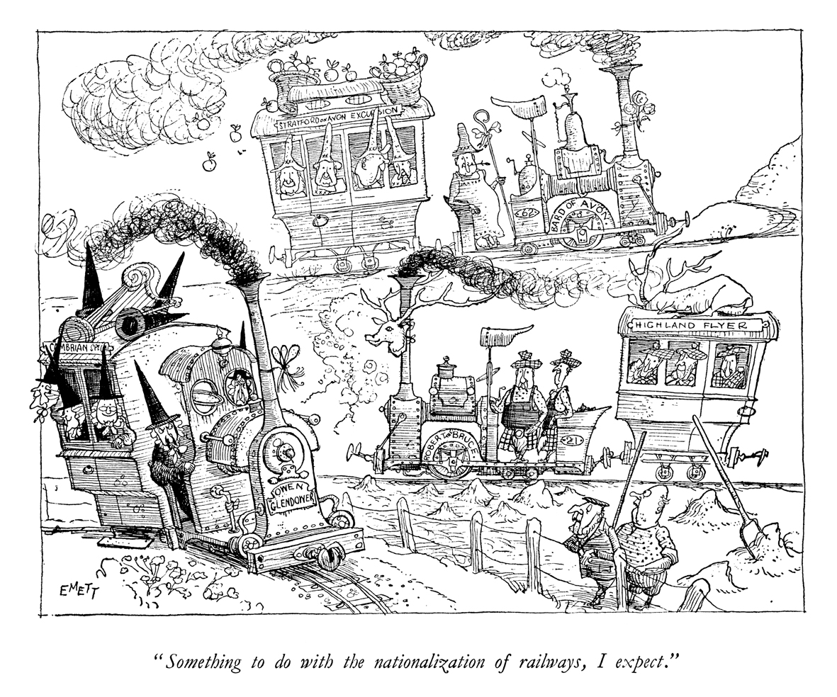 Today's PUNCH Cartoon Classic. Railways in the news! 'Something to do with the nationalization of railways, I expect.' Rowland Emett 1945 #trains #TransPennine #nations #Britain #UK #UnitedKingdom #identity #Wales #Welsh #Scotland #Scots #England #English #nationalidentity