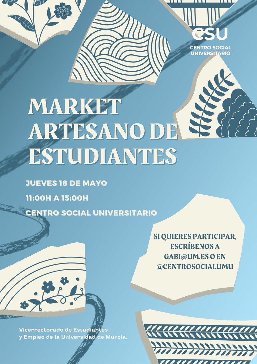 Centro Social UMU (@centrosocialumu) on Twitter photo 🖌️MARKET ARTESANO DE ESTUDIANTES🖌️
¡No te lo pierdas!
🗓️Jueves 18 de mayo
🕚 11:00h a 15:00h
📍 Centro Social Universitario
Si quieres participar, escríbenos a gabi@um.es o en <a href="/CentroSocialUMU/">Centro Social UMU</a> 🖌️MARKET ARTESANO DE ESTUDIANTES🖌️
¡No te lo pierdas!
🗓️Jueves 18 de mayo
🕚 11:00h a 15:00h
📍 Centro Social Universitario
Si quieres participar, escríbenos a gabi@um.es o en <a href="/CentroSocialUMU/">Centro Social UMU</a>