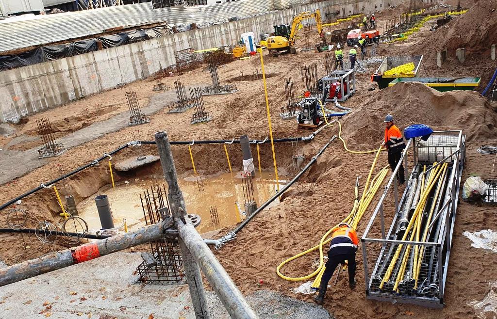 BBAPumps's tweet photo. The installation of a #wellpoint #dewatering system in Spain. The yellow wellpoint filters are installed with a B60-220 high head self-priming #pump. The electrically driven PT150 piston pump in the middle of the photo will lower the ground water level in the pit. 
#drainage https://t.co/FjZH4aOrkF