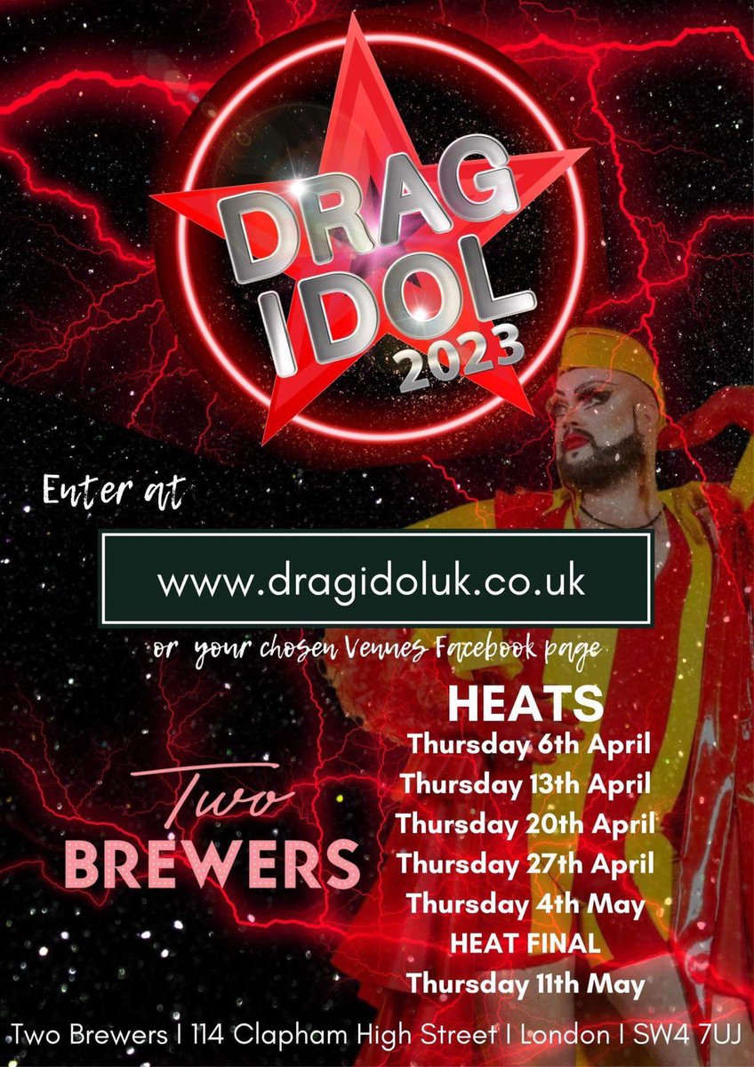 It’s the <a href="/DragIdolUK/">ᴅʀᴀɢ ɪᴅᴏʟ ᴜᴋ</a> Heats Final! 🥳
The winner of tonight’s Heats Final is moving onto the national level of the competition to take part in the semi-finals! 🏆 

Start 8:30pm, hosted by the amazing <a href="/SonofaTutu/">Son of a Tutu (He/She/They)</a> with DJ <a href="/AmyLaQueefa/">Amy LaQueefa</a>
