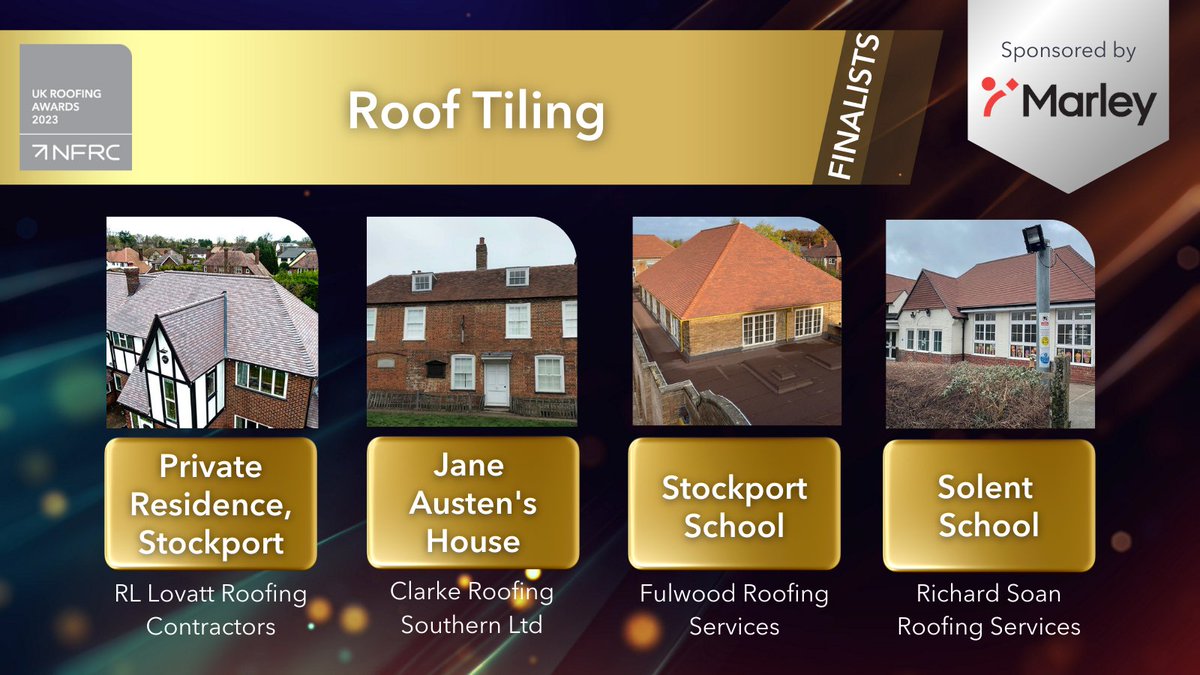 Final good luck to all those up for an award in the Roof Tiling category sponsored by <a href="/MarleyLtd/">Marley</a> in the #RoofingAwards2023

⭐<a href="/RLLovattLtd1/">R.L.Lovatt Ltd </a> 
⭐<a href="/ClarkeRoofingSL/">ClarkeRoofing</a> 
⭐Fulwood Roofing Services
⭐<a href="/RSoanRoofing/">Richard Soan Roofing</a> 

#RA2023 #Radmatofficial