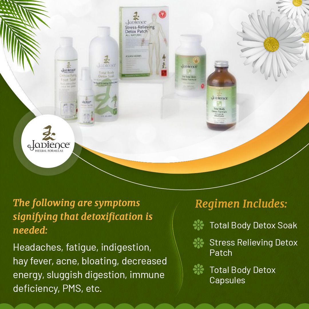 Jadience's tweet photo. Jadience Herbal Formulas' detox regimen, featuring our Total Body Detox Soak, Stress Relieving Detox Patch, and Total Body Detox Capsules, can help to address these symptoms and support your overall health and wellness. #DetoxSymptoms #HerbalRemedies https://t.co/NkSPrhXG1G
