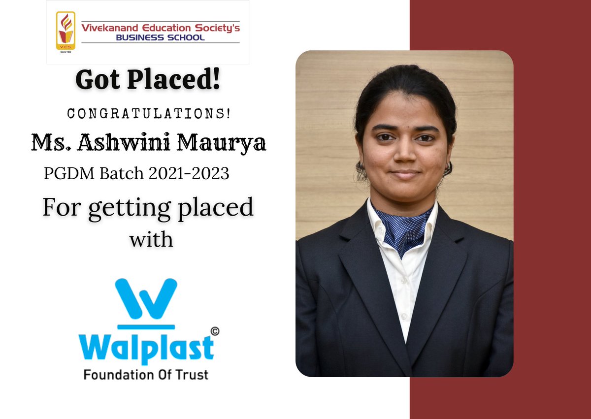 Success Story!!
VBS enthusiastically congratulates Ms. Ashwini Maurya (Batch 2021-23) for his placement with 'Walplast' Best Wishes for a Happy and Successful future.

#VBS #vbsplacements #PGDMplacements #placements2023 #MBA #MBAplacements #vivekanandcollege #vbspgdm #MBAcollege