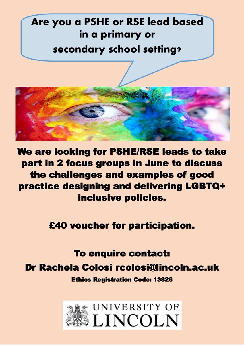 OnlineLgbtq's tweet photo. We are looking for teachers working in primary or secondary school settings to take part in a University of Lincoln study, exploring the experiences of designing and delivering LGBTQ+ inclusive PSHE/RSE policies. 
Please get in touch for more information. https://t.co/h5ZuAQZfmc