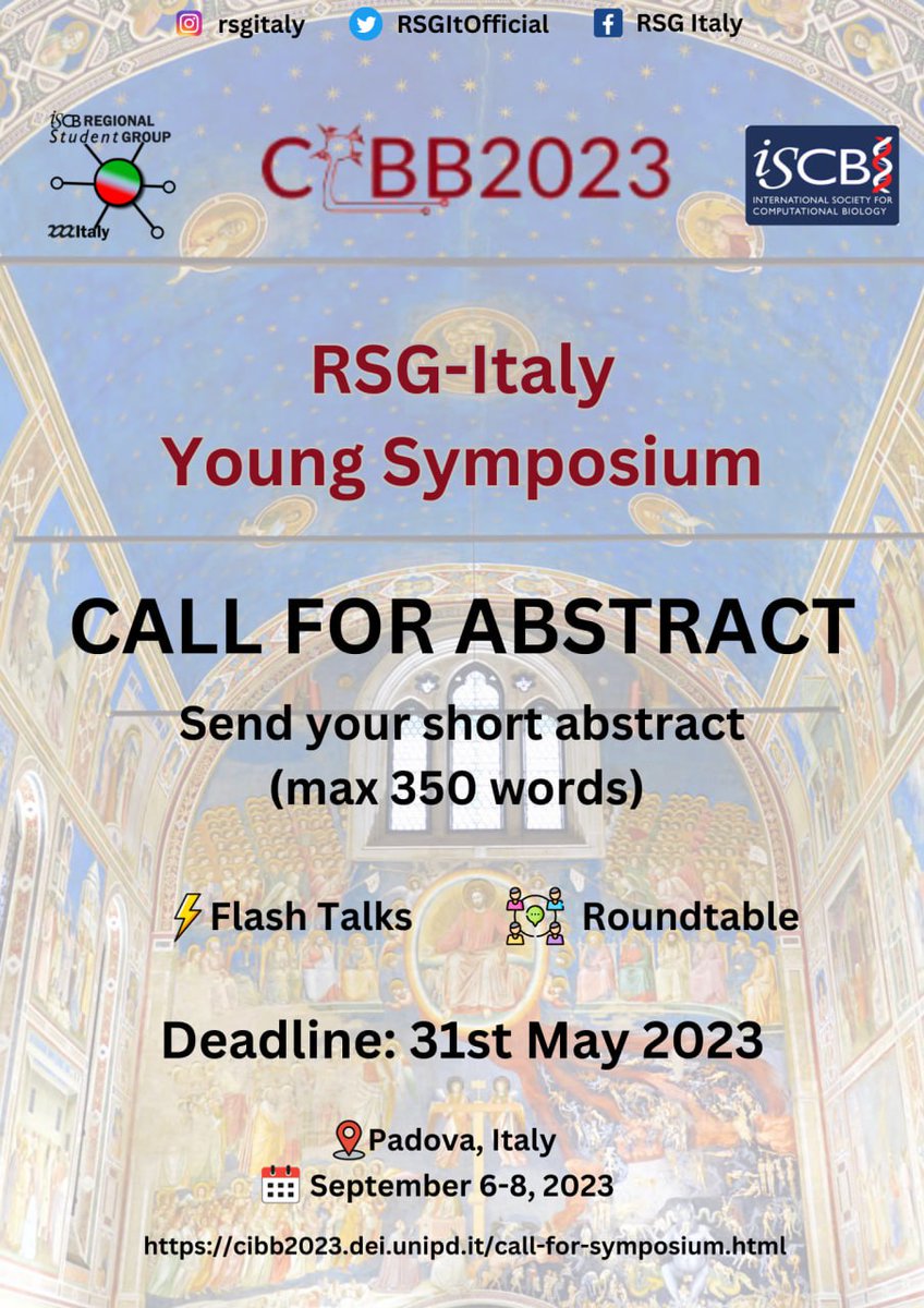 📢 RSG Italy Young Symposium 📢

🎓 Join us for our symposium at the 18th CIBB2023, either as a speaker in our flash talks or attending our roundtable! 

📅 6-8 September 2023
📍 Place: Padova, Italy

📝 Submit you abstract here: easychair.org/conferences/?c…