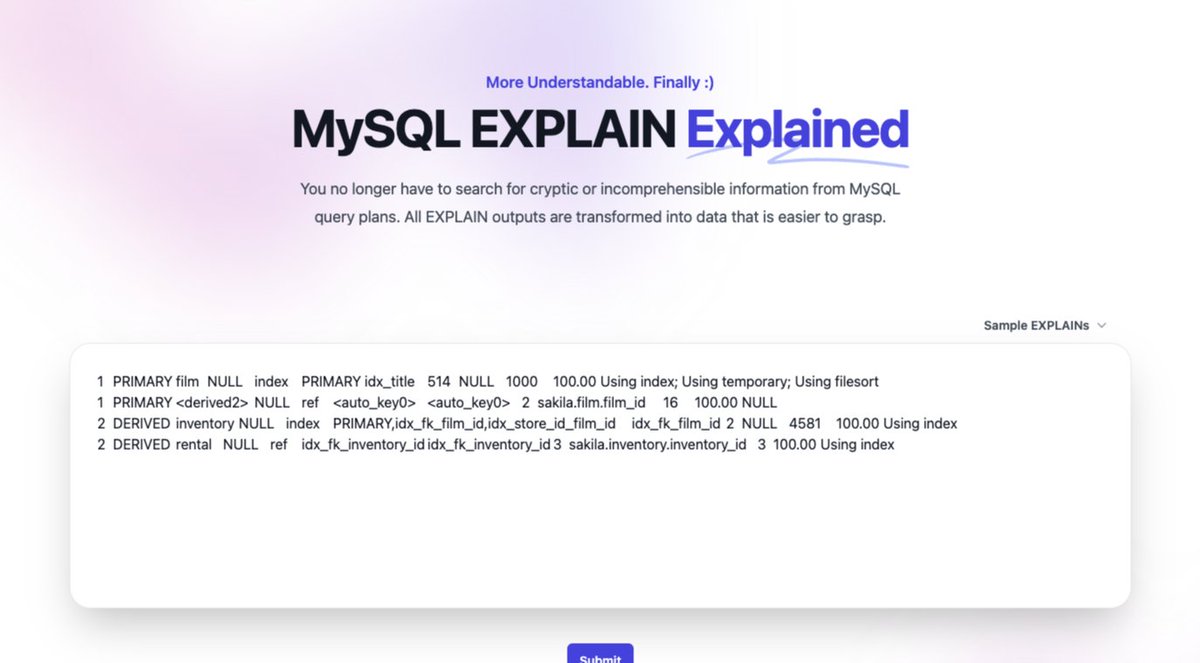 tobias_petry's tweet image. Have you tried optimizing a query with EXPLAIN? I often do not understand it myself. So much (useless) information and the important ones are hard to see.

That will no longer be the case! I wrote a *FREE* tool to make this output easy to understand.

More infos soon... 😉
