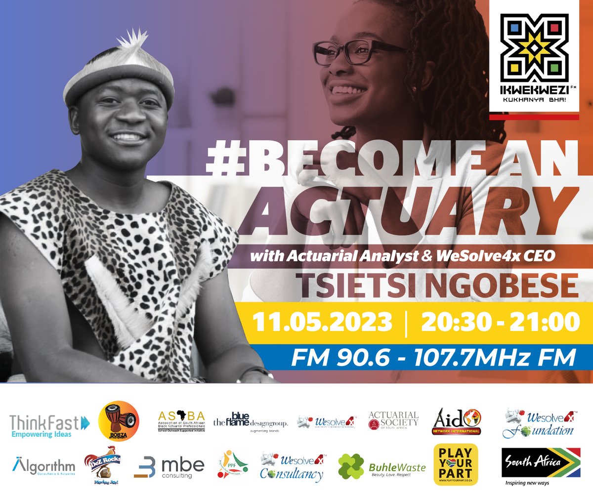 What do Actuaries do?
Are you in high school and love maths?

Tune in to our #BecomeAnActuary series of our Actuarial career guide for high school learners tonight on <a href="/Ikwekwezi_FM/">Ikwekwezi FM</a>  with Our CEO and Actuarial Analyst <a href="/NGOBESETsietsi/">TSIETSI NGOBESE</a>   @20h30 .

<a href="/MBE_SA/">MBE Consulting South Africa</a> <a href="/MBEIntl/">MBE Consulting</a> <a href="/ActuarialSa/">ActuarialSocietyofSA</a>