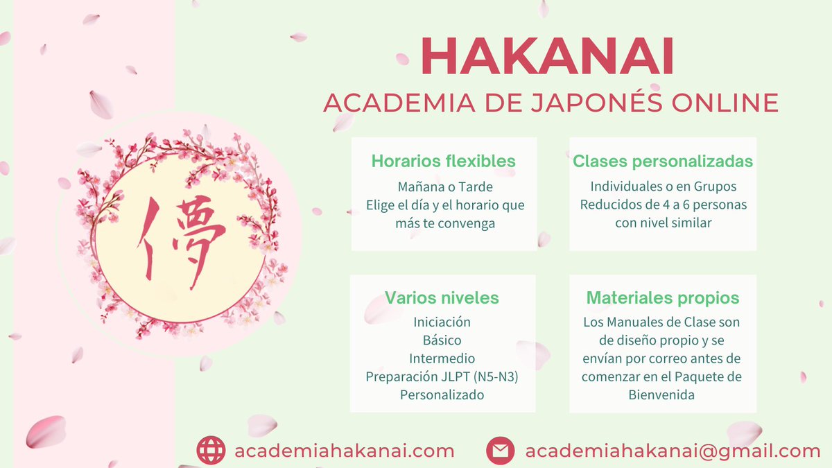 academiahakanai's tweet image. 🌸
Con un poquito de miedo y bastante ilusión, anunciamos que Academia Hakanai abrirá oficialmente sus puertas (virtuales) a finales de junio para todo aquel que quiera aprender japonés desde casa.
Para más info, visitad nuestra web. Se agradece muchísimo la difusión 🫰
🌸