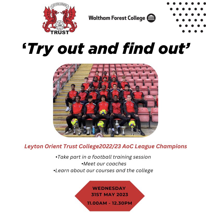 lotrust's tweet image. Join our Try Out and Find Out Day!🏃🏽⚽️

🗓️Wednesday, May 31st 
⏰11:00 am - 12:30 pm

Get all the details about our Study Programme and sign up to attend.

leytonorienttrust.org.uk/events

#TryOutDay #StudyProgramme #SignUpNow @WFCTweets