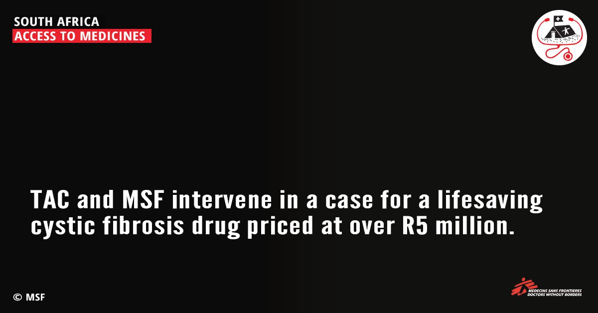 🧵The TAC and @MSF_southafrica, jointly represented by @SECTION27news have filed papers in the Pretoria High Court to intervene in a compulsory license application for access to #Trikafta, a life-saving medication used to treat cystic fibrosis. 👉msfsa.me/3O19dbc