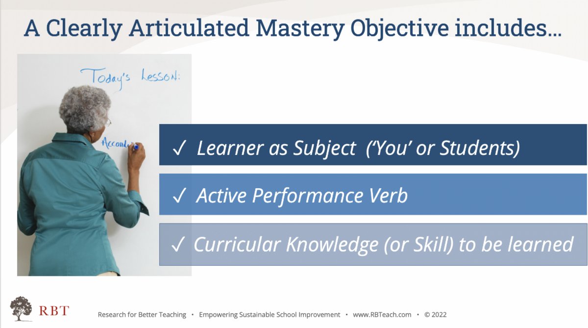 TeachRBT's tweet image. Mastery objectives should include the following. But, remember, putting it on the board is not enough.  Do your objectives meet this criteria?  Join us this summer to expand your skills at crafting effective objectives. conta.cc/3oilqxb
#SkillfulTeaching