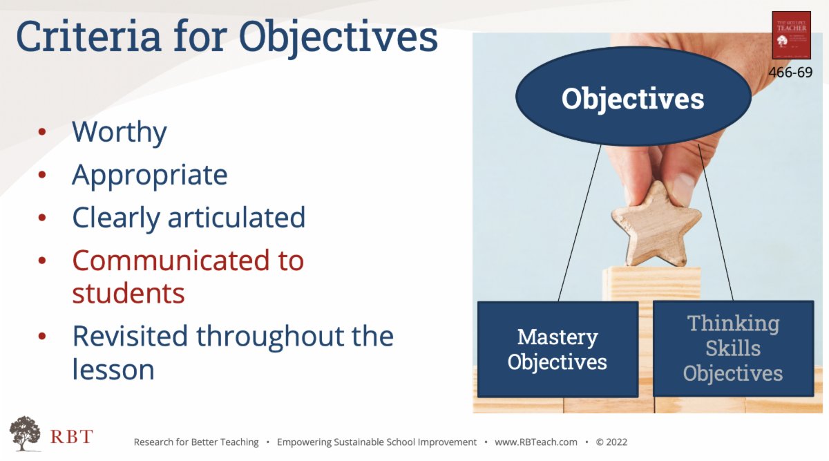 TeachRBT's tweet image. Mastery objectives should include the following. But, remember, putting it on the board is not enough.  Do your objectives meet this criteria?  Join us this summer to expand your skills at crafting effective objectives. conta.cc/3oilqxb
#SkillfulTeaching