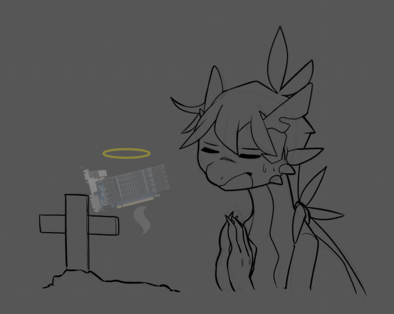 Eggplantkun's tweet photo. EMERGENCY: It finally happened. Suddenly my old GPU finally gave up after 13 years of existing. I will be opening 6 slots of the shaded tier for a new GPU and hopefully will get a new replacement before mid-June. 

Here's the link to the commission form
https://t.co/khFVRJNFUF https://t.co/9XOq0CzW64