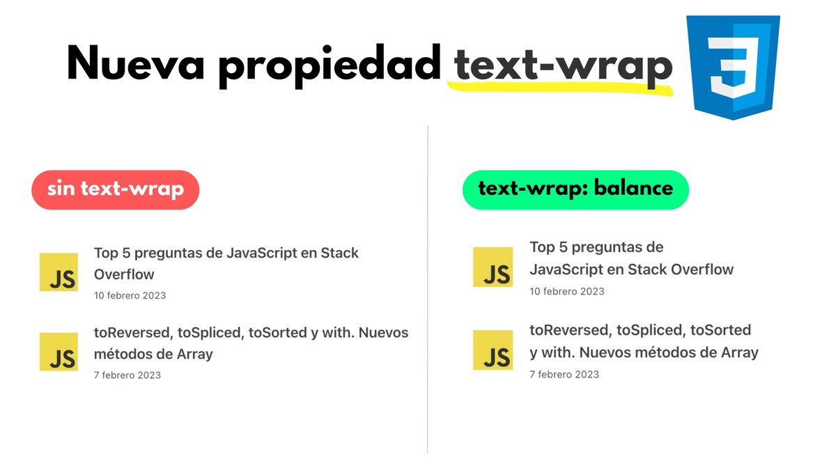 ¡Nueva propiedad de CSS que debes conocer!

text-wrap nos permite balancear los títulos y textos automáticamente.

Ya no tendremos más líneas o palabras sueltas.

Ya disponible en Chrome 114. Pronto en Safari y Firefox.