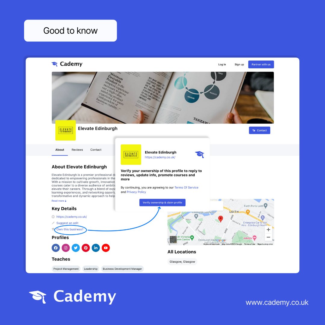 cademy__'s tweet photo. 👉 Good to know: Course providers can now claim their profiles on Cademy to gain control over their listings, update their information, promote their courses, reply to reviews, and more.
#GoodToKnow #CademyFeature #ProductFeatures #ProductBenefits #InnovativeSolution https://t.co/BjG6GoOSJI