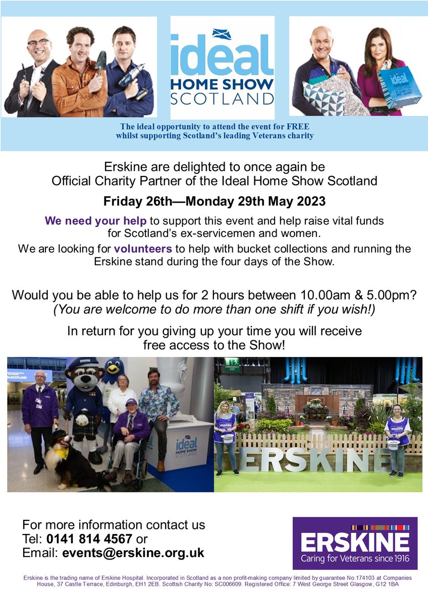 Join Team <a href="/ErskineCharity/">Erskine Veterans Charity</a> at the Ideal Home Show Scotland!
Enjoy a great day out and support our Veterans!