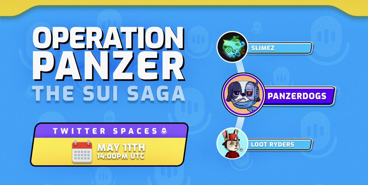 Operation Panzer AMA: The Sui Saga 🌊
Join the party in our epic Spaces session w/ @LootRydersClub &amp; <a href="/SlimezSUI/">Slimez.sui 💦</a> ! We're diving into the captivating Sui, the projects &amp; more

🗓️ TODAY
⏰ 14:00PM UTC

🔔 Set your reminders below frens
x.com/i/spaces/1MYxN…

#Sui #Web3