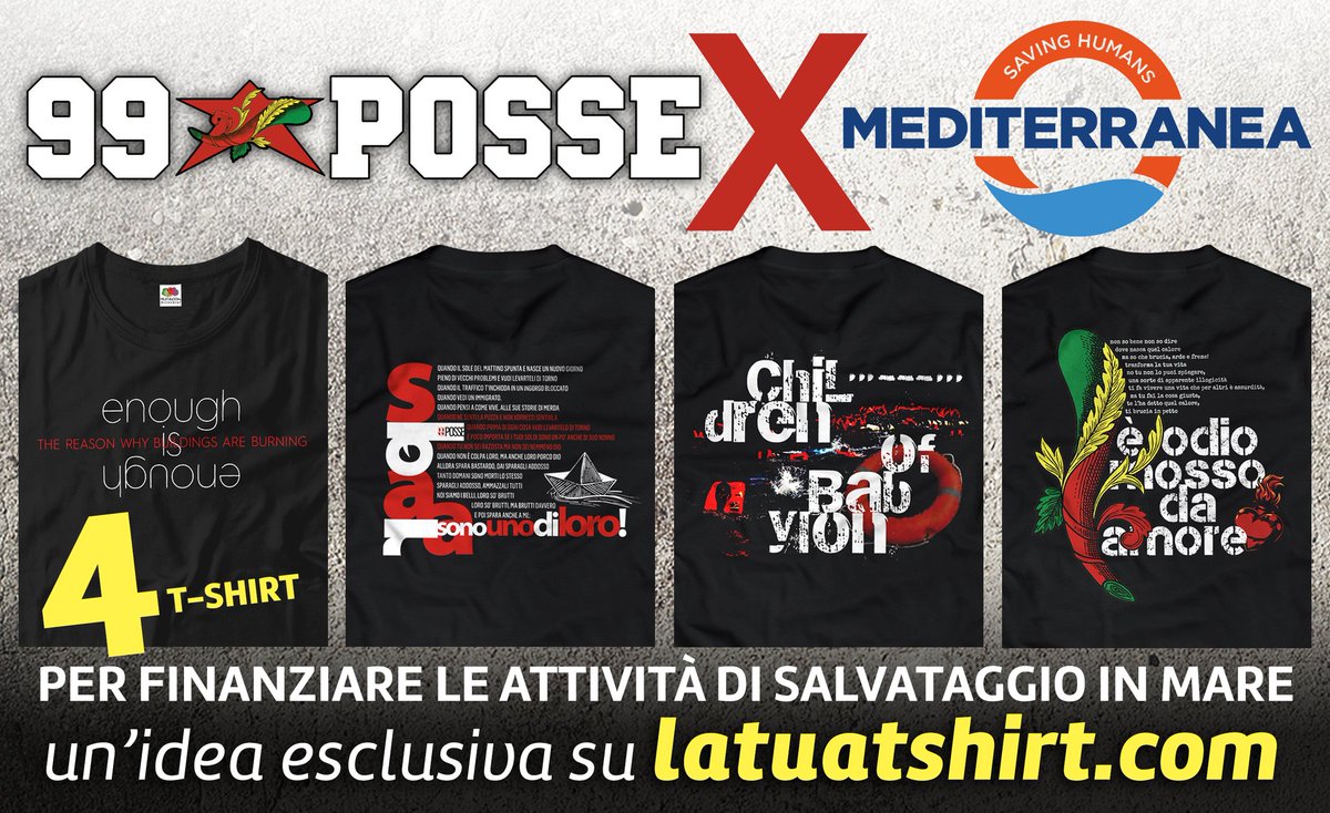 Anche i 99 Posse sostengono Mediterranea #SavingHumans!

In occasione dei 30 anni dall'uscita del primo album Curre Curre Guaglio', i <a href="/99Posse/">99Posse</a>, in collaborazione con <a href="/latuatshirt/">LaTuaT-Shirt</a>, hanno realizzato delle magliette celebrative con le frasi più iconiche delle canzoni dell'album.