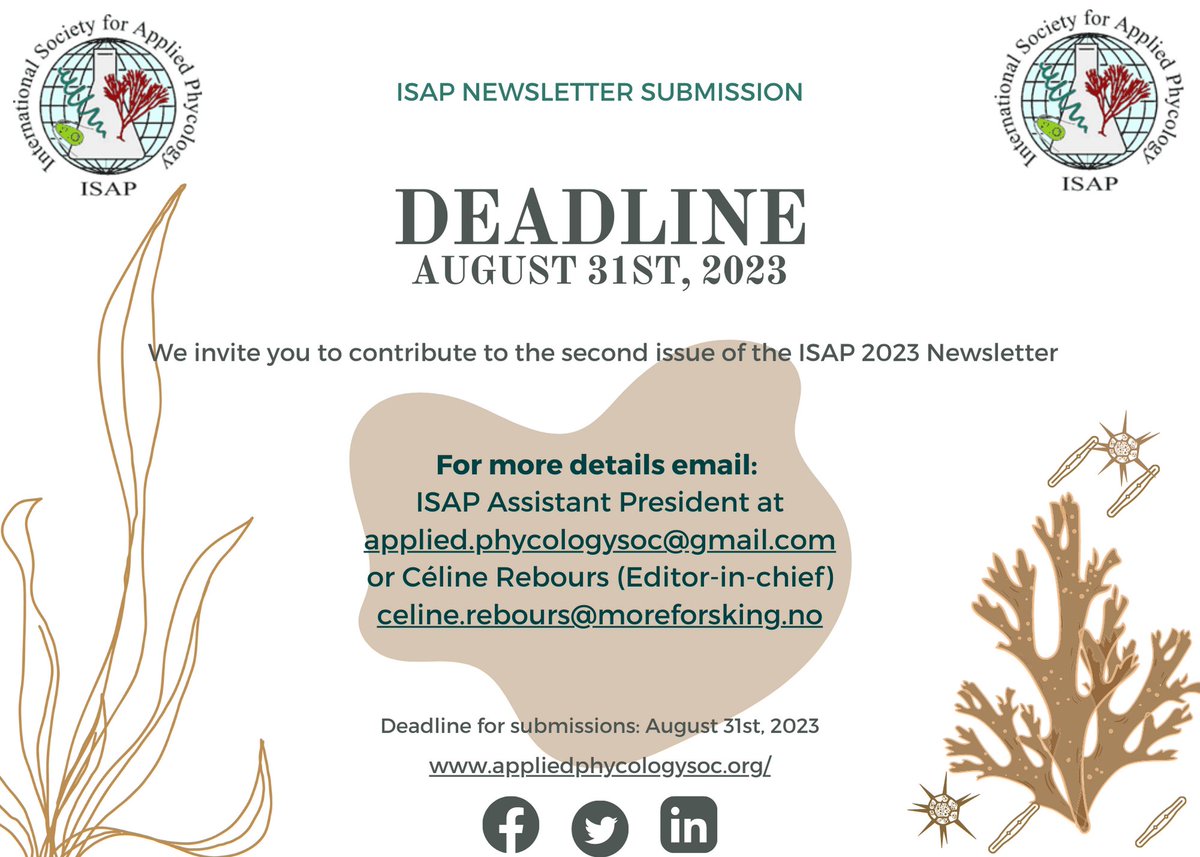 Do you want to submit an article to the ISAP 2023 #Newsletter second issue?
We are interested in announcements for conferences, workshops, symposia, training courses&events, project updates, book reviews as well as reviews of technology&services. #seaweed #microalage #macroalage