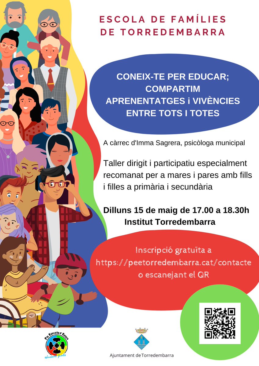 🙋🏽‍♀️  Segueixen les activitats de l’Escola de Famílies del <a href="/PlaEntornTDB/">Pla Educatiu d'Entorn de Torredembarra</a> #Torredembarra 👇🏻

✍️ 15 de maig, de 17 a 18.30 h, a l'Institut Torredembarra ➡ Taller a càrrec d'Imma Sagrera. Per a famílies amb infants a primària i secundària.

Inscripcions: peetorredembarra.cat/agenda