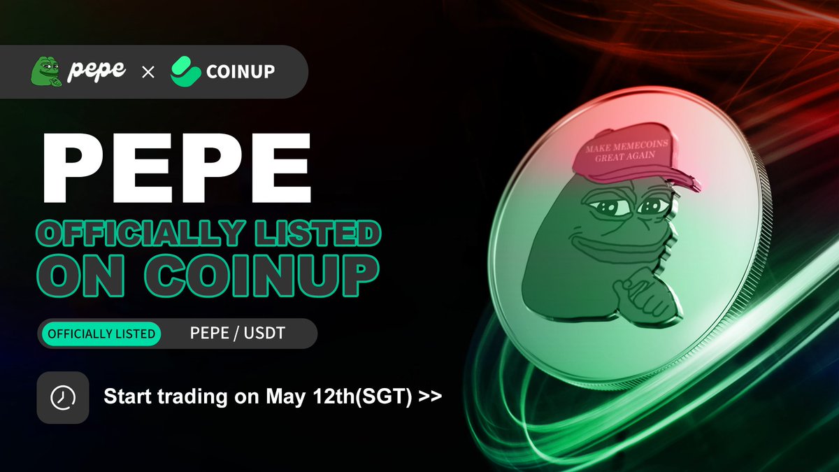 🚀NEW Token #listing 
🪙$PEPE will be listed on #CoinUp 
⏰3pm May 12 (SGT)

🔥PEPE is a deflationary memecoin launched on Ethereum, created as a tribute to the PEPE the Frog internet meme.
<a href="/pepecoineth/">Pepe</a> 

📈Stay tuned for updates: coinup.io/en_US/noticeIn…