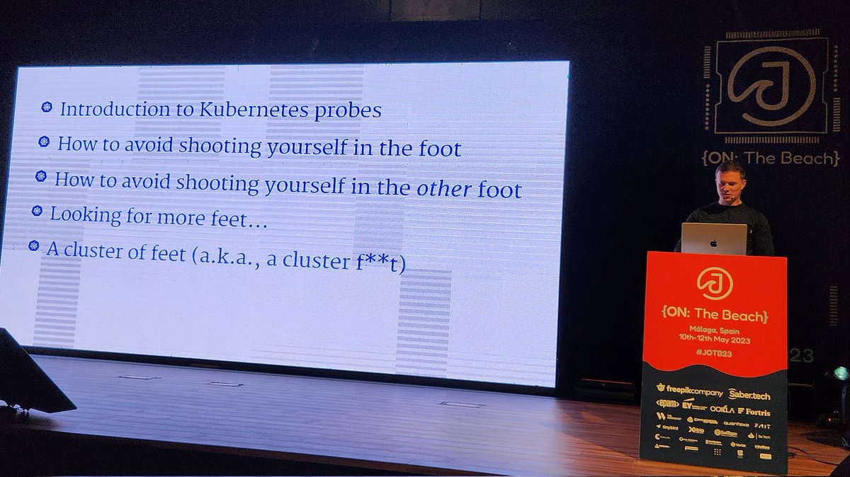 Sergey Bykov (@sergeybykov) on Twitter photo . <a href="/breckcs/">Colin Breck</a> is going from Obidos to clusterf**t in his talk about kubernetes probes at #jotb23 . <a href="/breckcs/">Colin Breck</a> is going from Obidos to clusterf**t in his talk about kubernetes probes at #jotb23