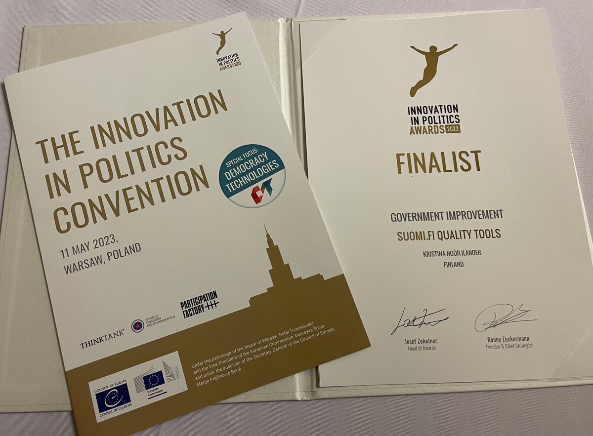Our Innovation in Politics Convention day is already at full speed. The venue is quite impressive, we have already had many interesting discussions with our European colleagues and been awarded our diplomas. ⁦⁦<a href="/suomifi/">Suomi.fi</a>⁩ Quality Tools ⁦<a href="/DVVfi/">Digi- ja väestötietovirasto</a>⁩  #InnovationInPolitics