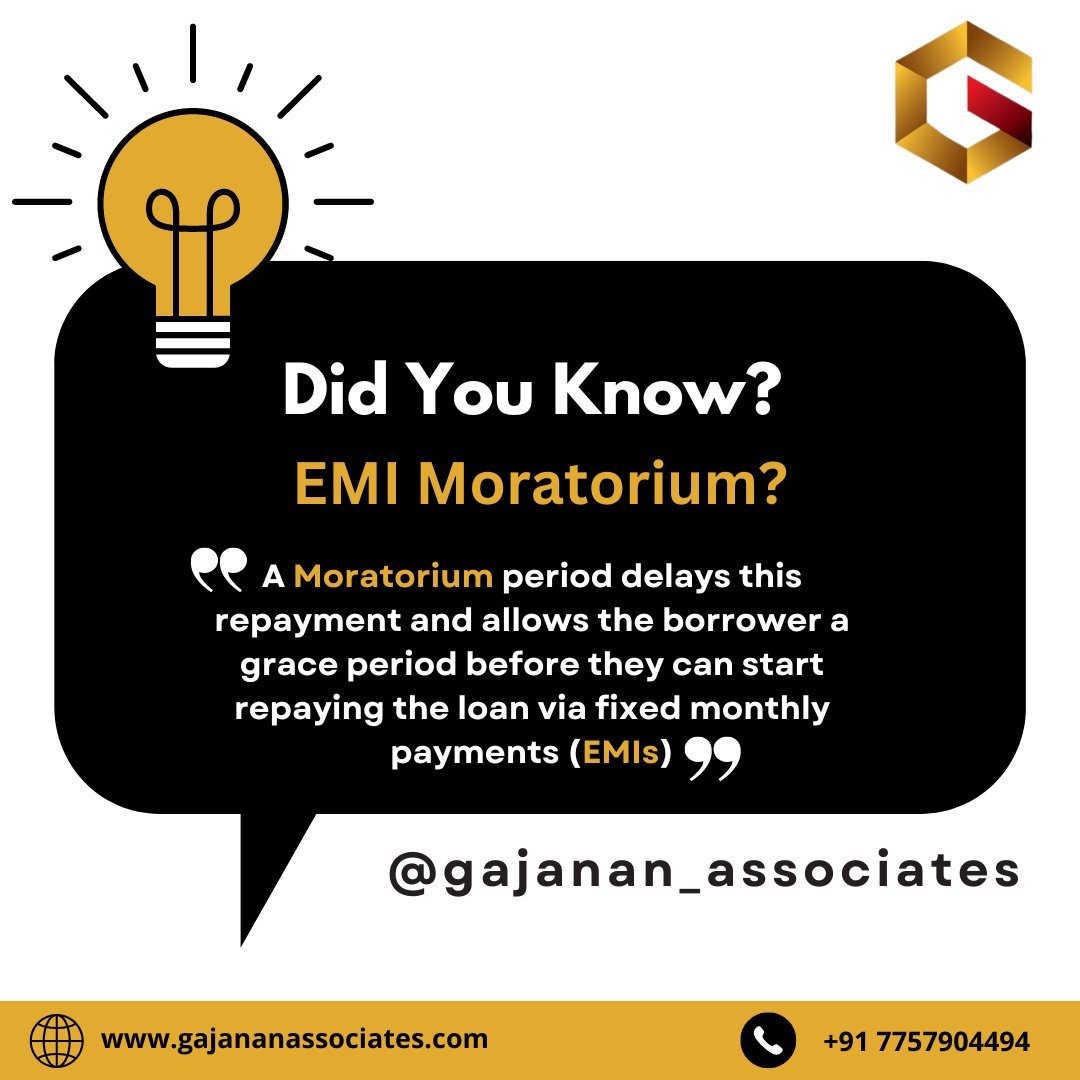 anand_udavant's tweet image. 📢 Did you know about the EMI Moratorium? 🤔

It allows borrowers to defer their monthly EMI payments for a specified period, providing them with some financial breathing space. 

Stay informed and make wise financial decisions! 💪📚

#gajananassociates #emi #emimoratorium