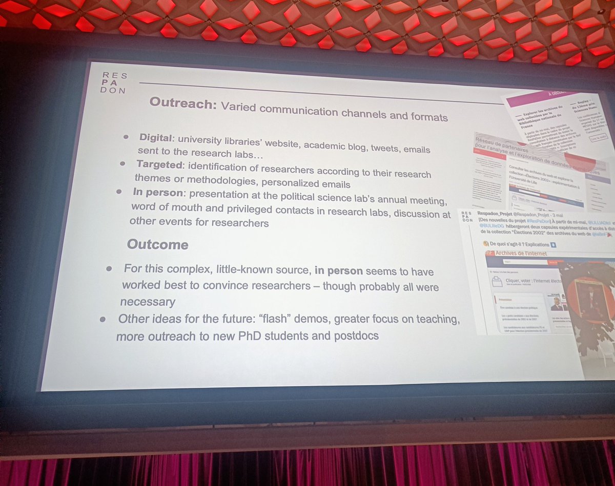 Great slide showing the different ways to engage users in archived web content at Université de Lille and the BnF. Really love the idea of in-person flash demos! (Jennifer Morival, Sara Aubry, and Dorothée Benhamou-Suesser) #iipcwac2023 #webarchiving