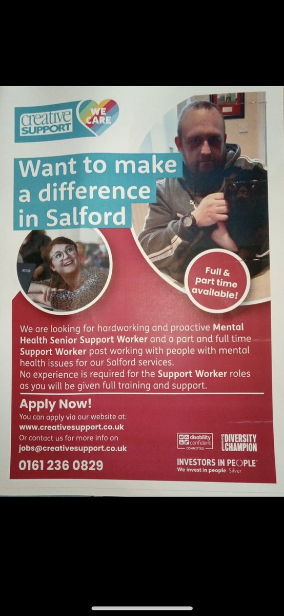 Job opportunity to be a mental health support worker & senior support worker at Creative Support #Salfordjobs