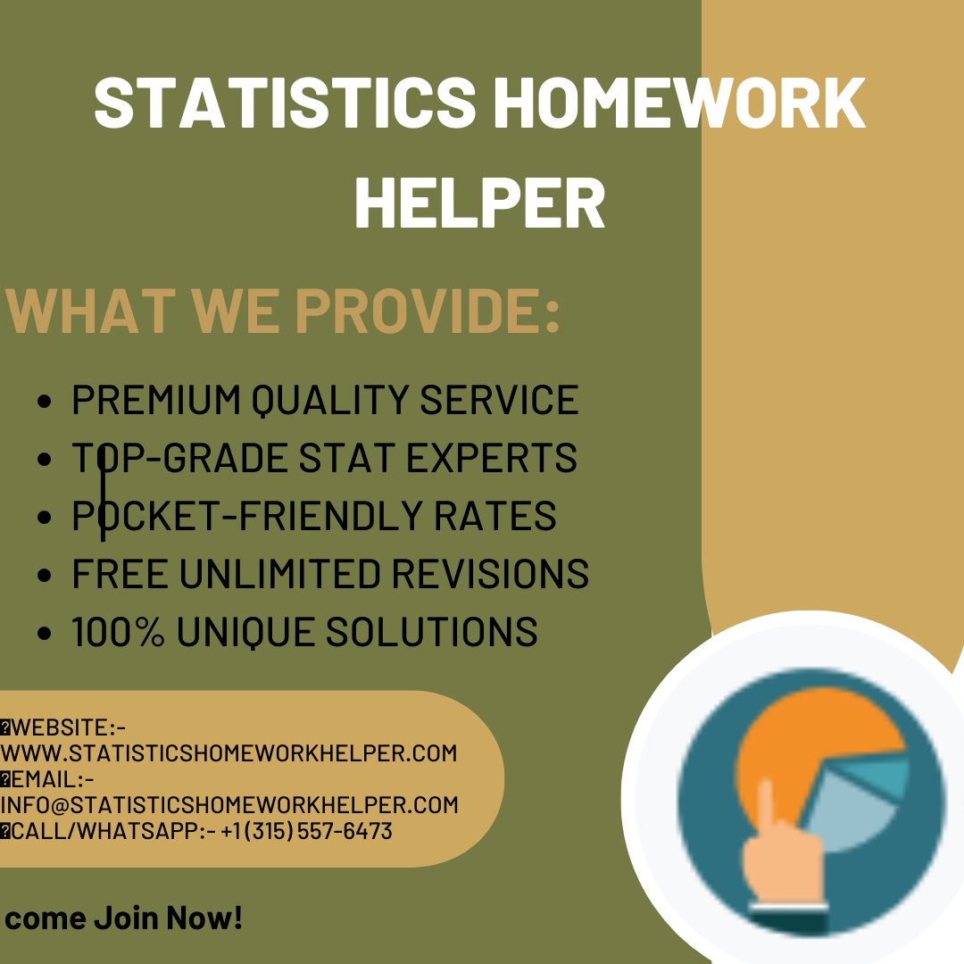 StatisticsHome2's tweet image. Feeling overwhelmed by statistics homework? No need to stress! Get reliable assistance from statisticshomeworkhelper.com - the best place for expert help. Let us help you tackle any statistics problem and achieve academic success. Visit our website today! #statisticshomeworkhelper