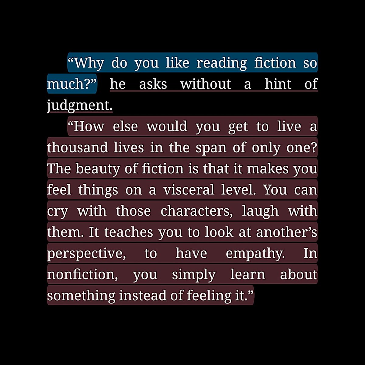 ayasreadss's tweet photo. "Why do you like reading fiction so much?"

♡ How else would you get to live a thousand lives in the span of only one? ♡ https://t.co/C98B2LOkn3