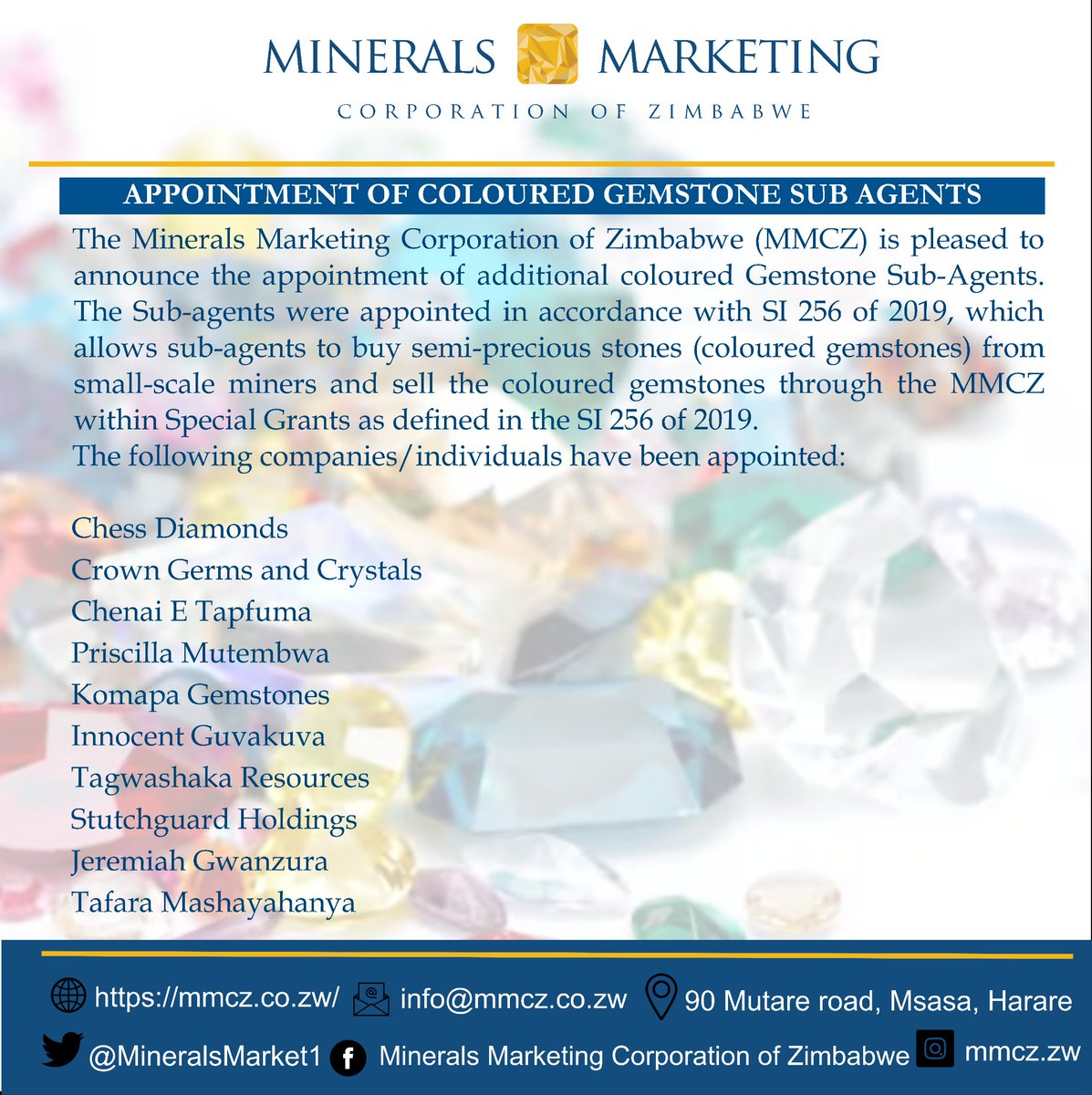MMCZ is pleased to announce the appointment of additional coloured Gemstone Sub-Agents. 
#gemstones 
#colouredgemstones