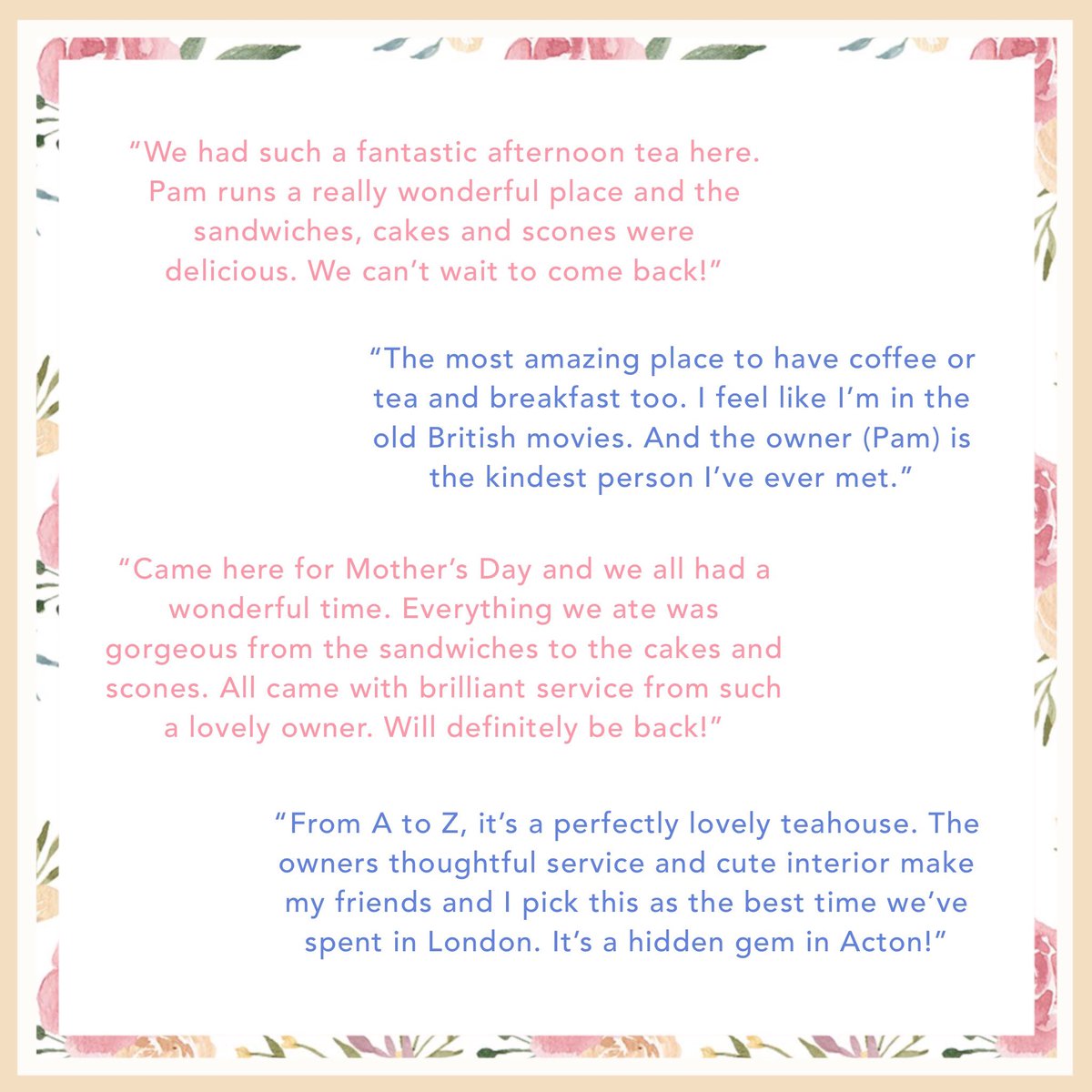 Book an Afternoon Tea at Tea Darling 🫖 just look at some of our customers feedback! 
Check Google and Tripadvisor to see all our wonderfully positive feedback 🇬🇧💜🌞 
Call Pam today and book an afternoon tea 🫖📞  07825559180

#afternoontea #teadarling #London