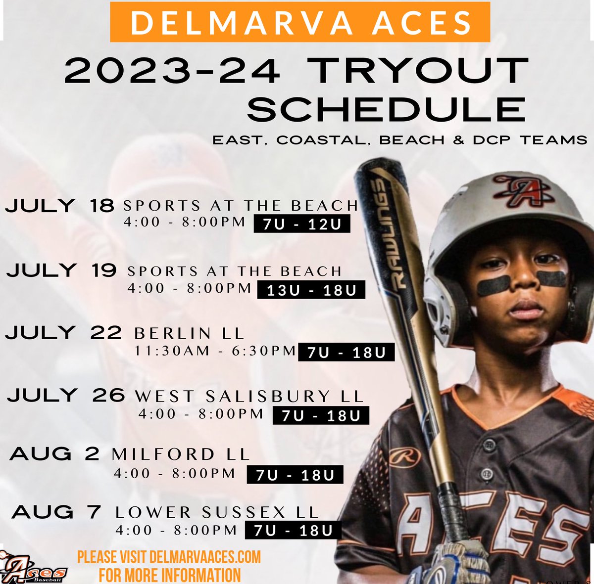 DelmarvaAces's tweet photo. 2023-24 Tryout Schedule #tryoutszn #aces #dcp https://t.co/ofVL2GLZXe