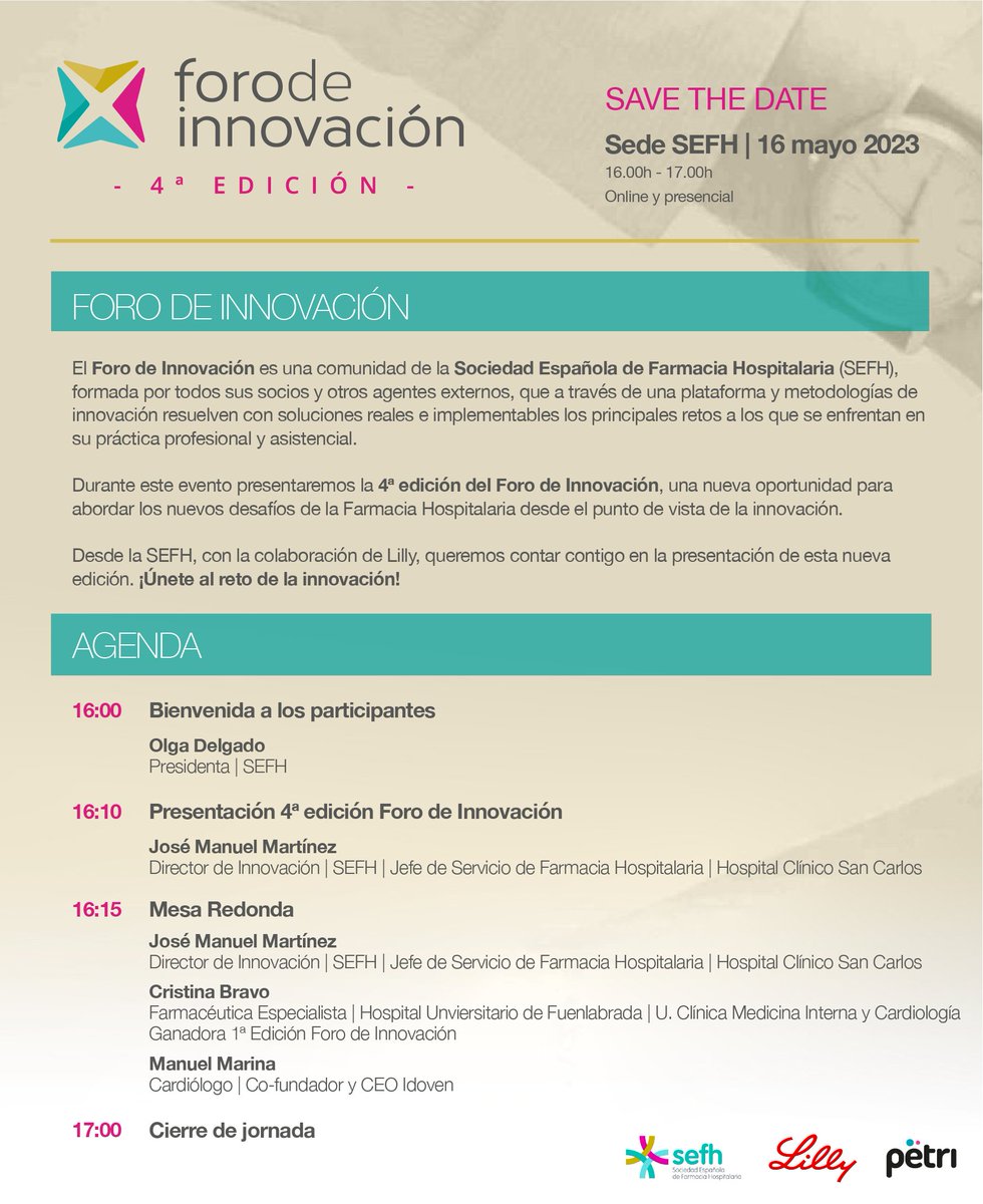 📢💡🚀La 4ª Ed. del #foroinnovacionsefh está a punto de comenzar

Os invitamos al webinar presentación donde contaremos con:
✅<a href="/Dr_ManuelMarina/">Manuel Marina Breysse</a> CEO de <a href="/Idoven_ai/">IDOVEN</a> 
✅Cristina Bravo
✅<a href="/manolosesmero/">JM Martínez Sesmero</a> 
✅<a href="/Olguitxi/">Olga Delgado</a> 

Inscripción abierta (no solo para socios): us06web.zoom.us/webinar/regist…