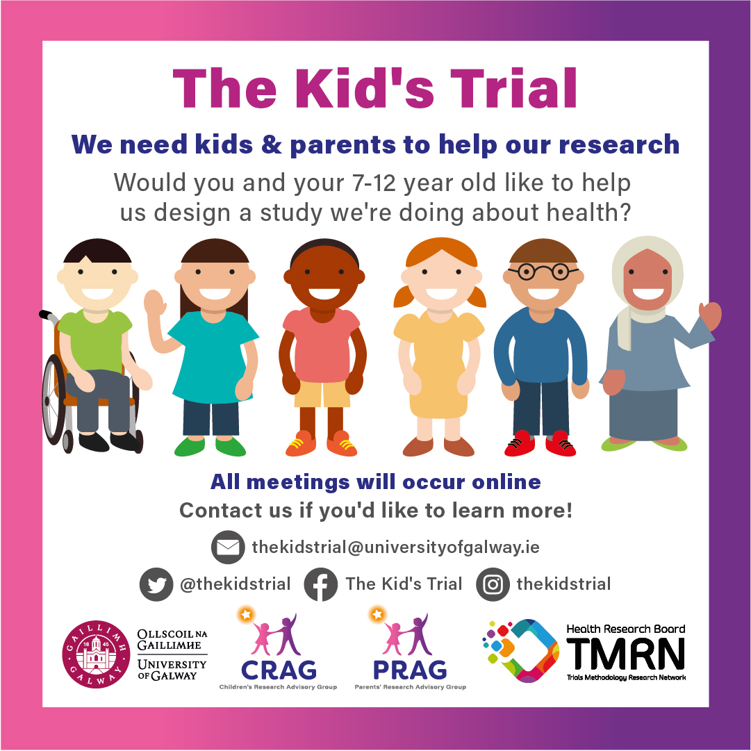 Hi Everyone! We are recruiting for the first step of our online randomised trial with kids! If you know any children and parents who would like to get involved in designing a health research study, please RT! @hrbtmrn @MTotoNews @in4Kids_ie @decdevane @PPI_Ignite_Net @uniofgalway