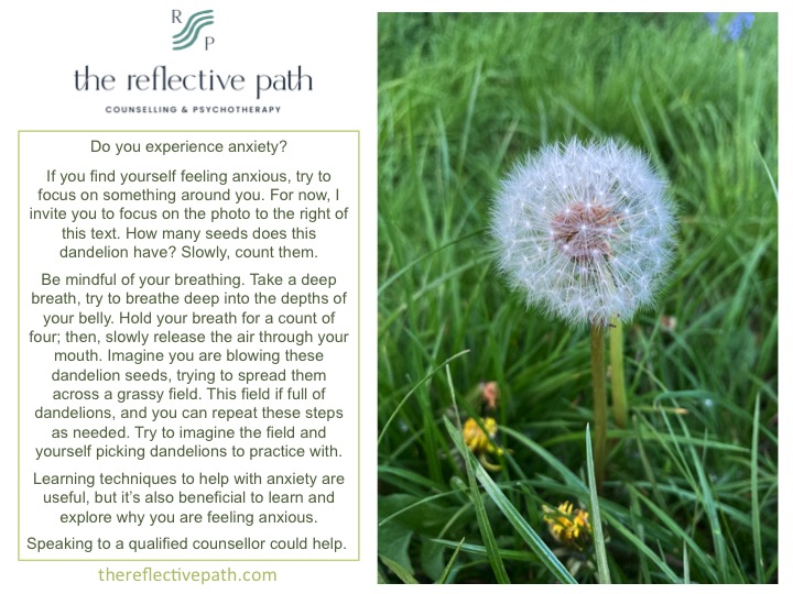 ReflectivePath's tweet image. Do you experience anxiety? #anxiety #anxietyrelief #counselling #psychotherapy #talkingcanhelp #justbreathe #mentalhealth  thereflectivepath.com