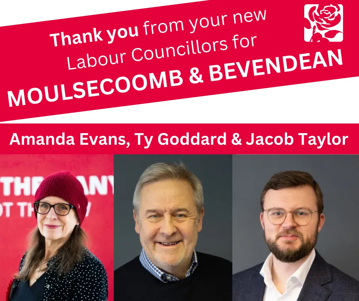 Introducing your new <a href="/bhlabour/">Brighton & Hove Labour Party</a> councillors for #Moulsecoomb &amp; #Bevendean ward:

🌹 Cllr @Amandae995995 
🌹 Cllr <a href="/ty_goddard/">Ty Goddard 🇺🇦</a> 
🌹 Cllr Jacob Taylor

All are delighted and grateful for the support shown at the #LocalElections2023 and are ready to work hard for all residents!