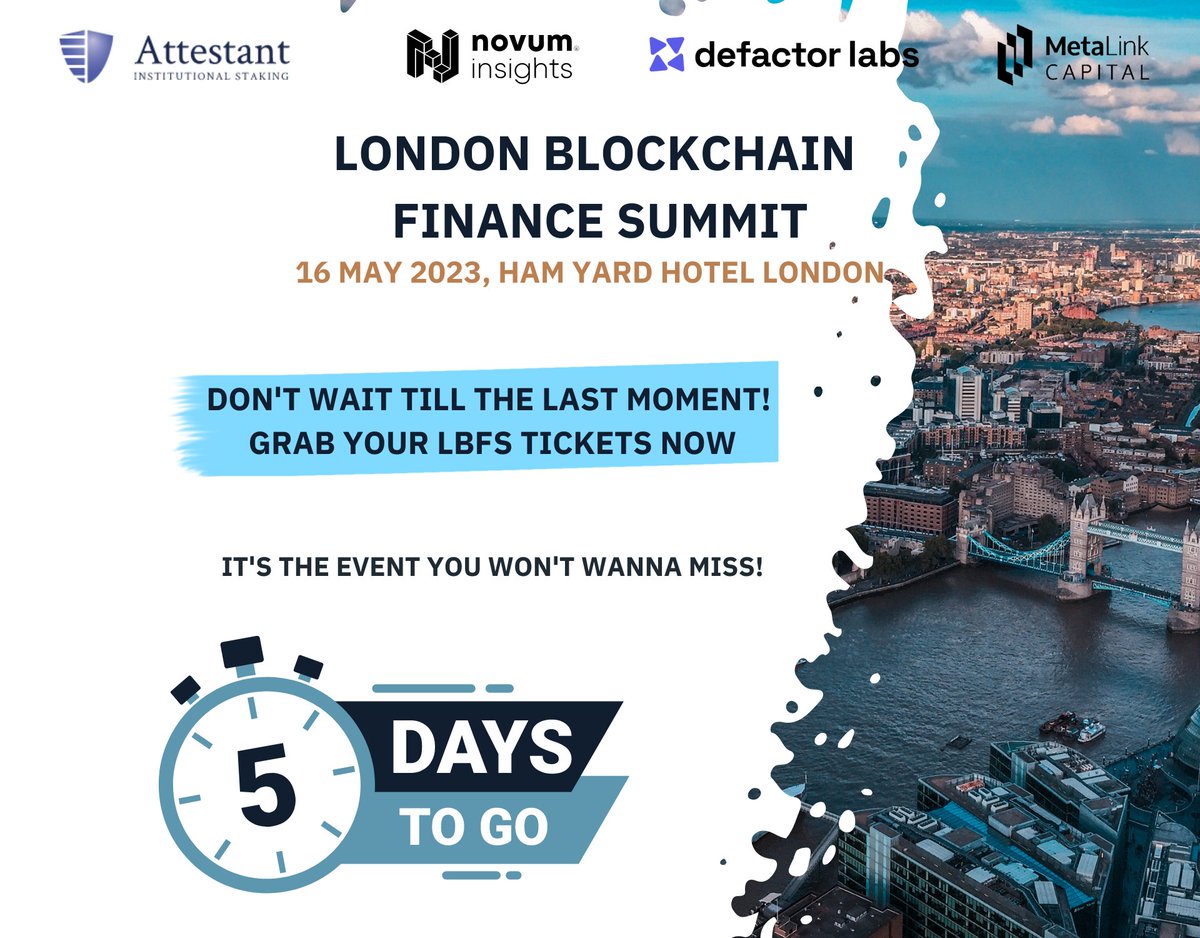 NovumInsights's tweet photo. #LBFS2023 is just 5 days away! Get ready for an amazing event on 16 May at the Ham Yard Hotel.
โจGrab three tickets for the price of two with our group discount.
Visit https://t.co/BVO70vwgcx now to secure your spot. See you there! ๐
#Blockchain #Finance #London #Crypto https://t.co/h3GDRINqNy