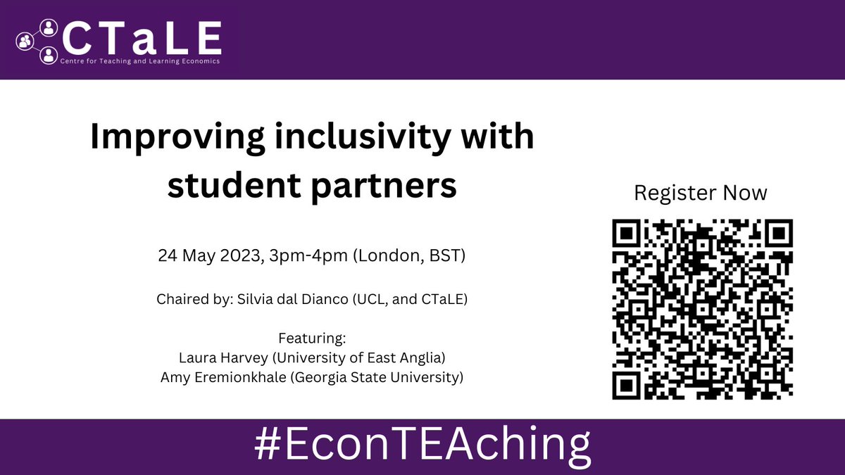 📣Book now for our next #EconTEAching session "Improving inclusivity with student partners", on 24 May, 3pm (BST), <a href="/SilviaDalBianc1/">Silvia Dal Bianco</a> will be speaking with <a href="/LHarvey26/">Laura A. Harvey</a> and <a href="/DrAmyEremionkha/">Dr Amy Eremionkhale</a> bit.ly/44SSlck
#EconTwitter #HigherEd #inclusivity #StudentSuccess #StudentOutcomes