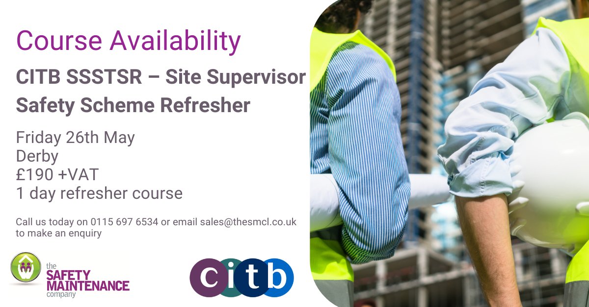 We have a 1 day SSSTS Refresher course on Friday 26th May at our Derby training centre. 
£190 + vat per person for the course. 
This course is aimed at those who need to renew their SSSTS qualification before expiry. 
#citb #sitesupervisor #refresher #midlands