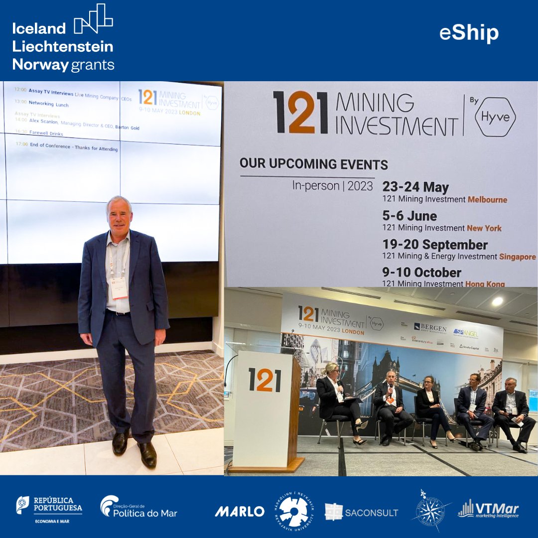eShip presented by Richard Stokes at The 121 Mining Investment in London, 9-10 May.

@EshipProject is the @EEAGrantsPT project.
@EEANorwayGrants, @DGPM_Portugal.    

#EEAGrants #EEAGrantsPT #DGPM #CrescimentoAzul #BlueGrowth #BilateralFund #posidonia #posidonia2022