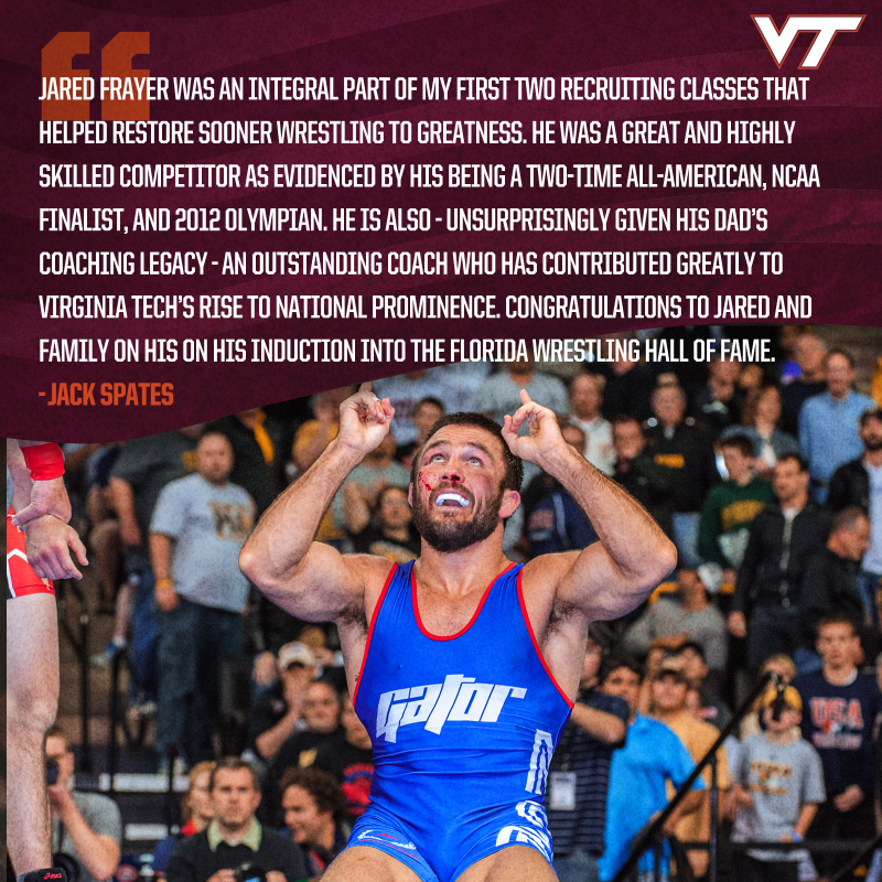 HokiesWrestling's tweet photo. Please join us in congratulating associate head coach 𝙅𝙖𝙧𝙚𝙙 𝙁𝙧𝙖𝙮𝙚𝙧 on his induction into the Florida Wrestling Hall of Fame👏

6️⃣ years in Blacksburg, a lifetime of wrestling, &amp; an honor nothing short of well-deserved @airfrayer 🫡
#ThisIsHome #Hokies 🦃