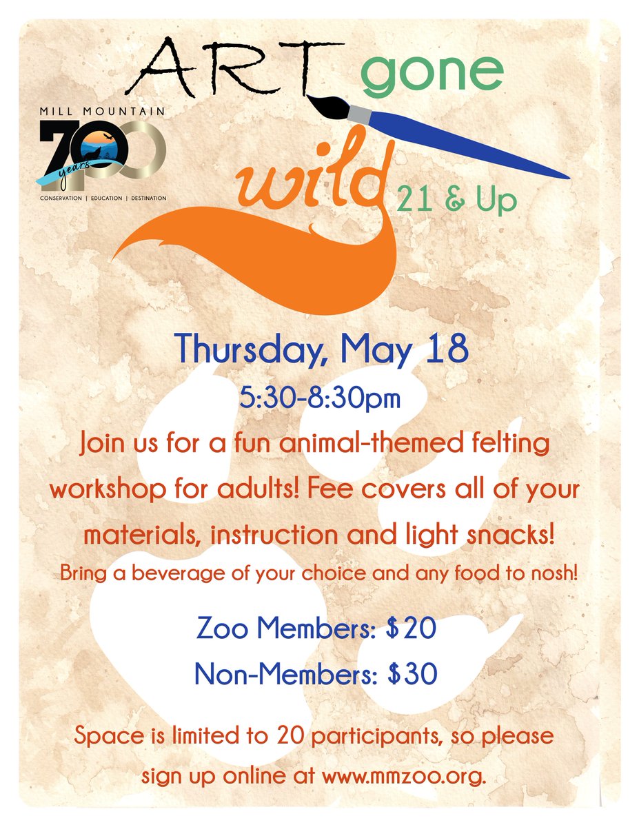 The first Art Gone Wild 21 &amp; Up of the season is next Thursday! Join us for some fun #animal themed #felting! fareharbor.com/embeds/book/mm…

As an update, we only have 6 slots left for this #program! #needlefelting #ThingsToDo #datenight #girlsnight #millmountainzoo #Roanoke #MMZ #noke