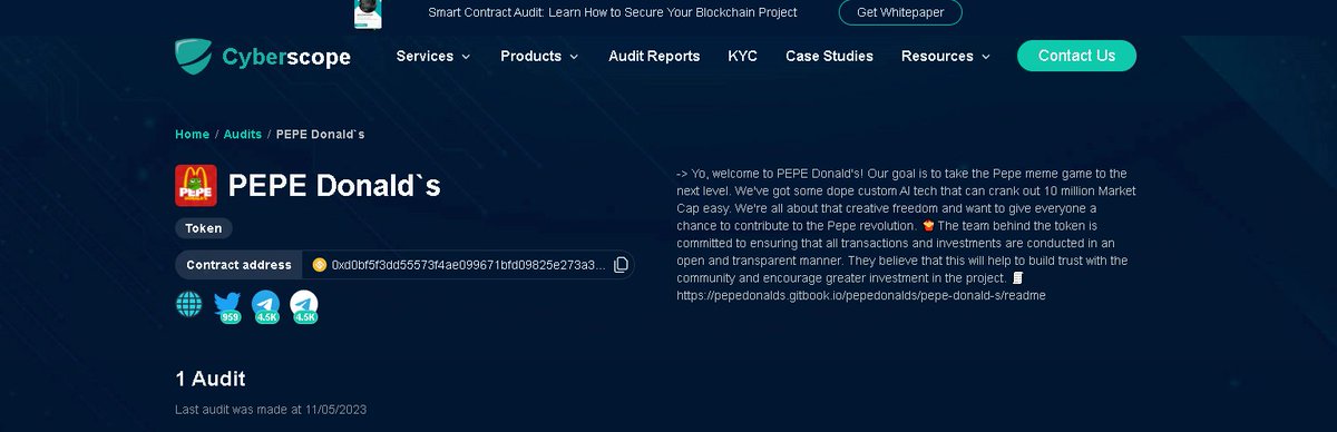 😎✅ Audit done with our partnership CyberScope!

📲 <a href="/Cyberscope_io/">Cyberscope, a TAC Security Company</a>
📲 <a href="/cyberscope_ann/">Cyberscope Announcements, a TAC Security Company</a>
 
🧾cyberscope.io/audits/pepedon…

#Crypto #Audit #BNB #BSC #PEPEDONALDS #cryptocurrency