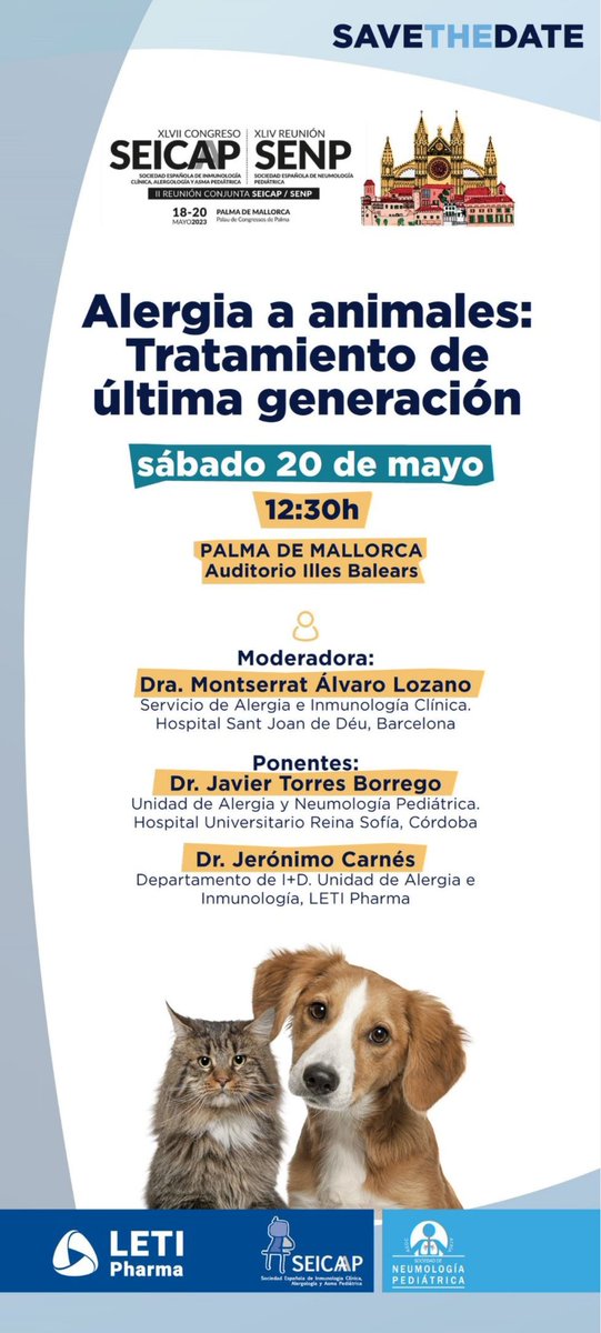 La próxima semana nos vemos en la II Reunión Conjunta SEICAP-SENP.
El sábado 🗓️ 20 de mayo a las ⏰12:30 hablaremos de nuevos tratamientos en la alergia a animales.
Te esperamos! 
 #neumoped #alergia #pediatría #reuniónconjunta #cuentaatrás #saludinfantil