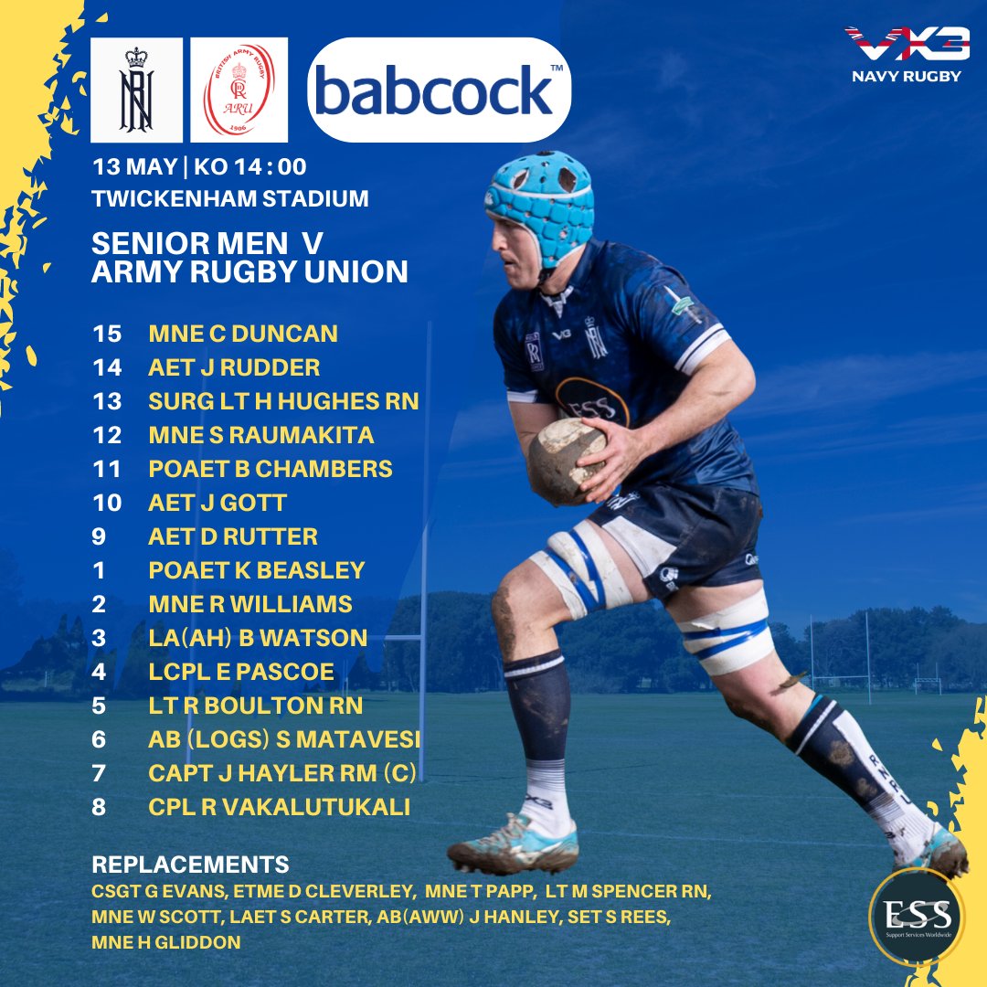 #NavyRugby Men’s Head Coach CPO Dave Pascoe has poured over the stats and footage and has named his squad to face <a href="/armyrugbyunion/">Army Rugby Union</a> Men 

 📅 Saturday 13 May 
⏰ KO 1400hrs
📍@Twickenhamstad

BZ to the whole squad for a great season and to those selected.

#GoNavy #InterService