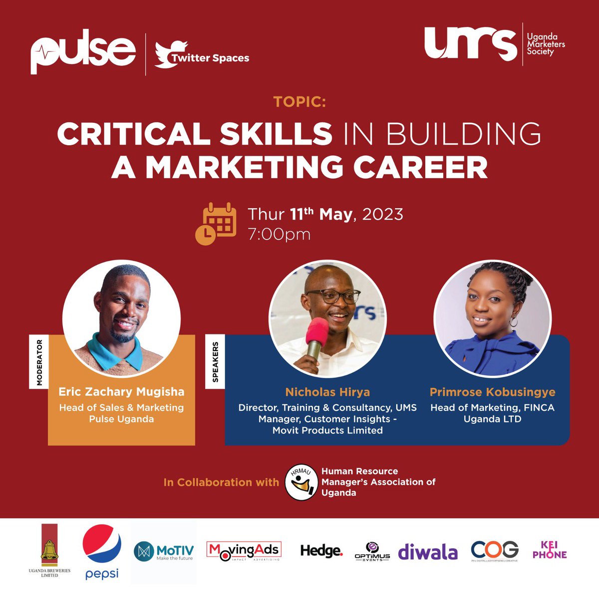 PulseUganda's tweet photo. Kicking off the conversation on 'Critical Skills in Building a Marketing Career' moderated by our very own @Eric_Of_1691 chatting up @MovitProductsUg’s  Nicholas Hirya and @FINCA_Uganda’s @kobusingyePrim 
Join: https://t.co/OMNafaZuu5

#FeaturedPost #FeatureByUMS https://t.co/WFkkBKeFda